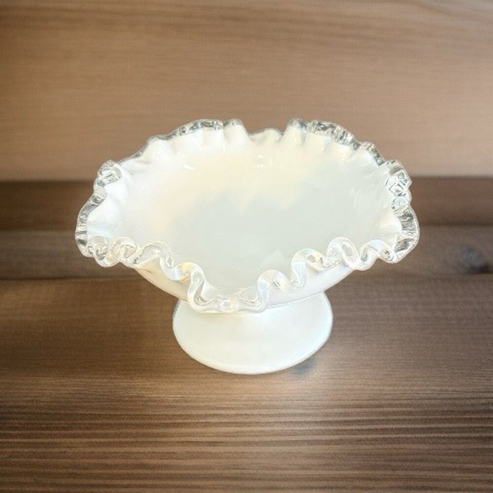 Fenton Silver Crest‎ Milk Glass Crimped Ruffle Pedestal Bowl Candy Dish EUC ~7'D